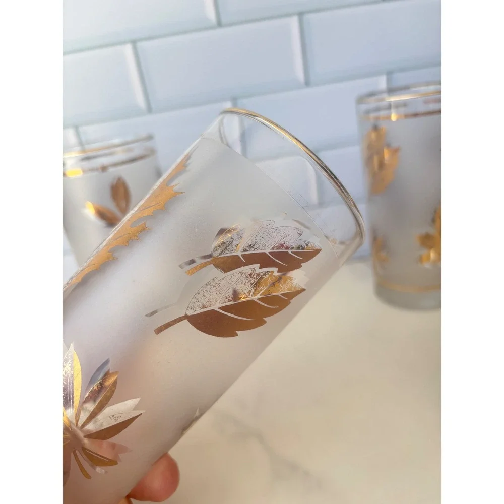 Vtg Libbey Frosted Gold Leaf Highball Glasses Set of 5 MCM Fall Barware 5.5in